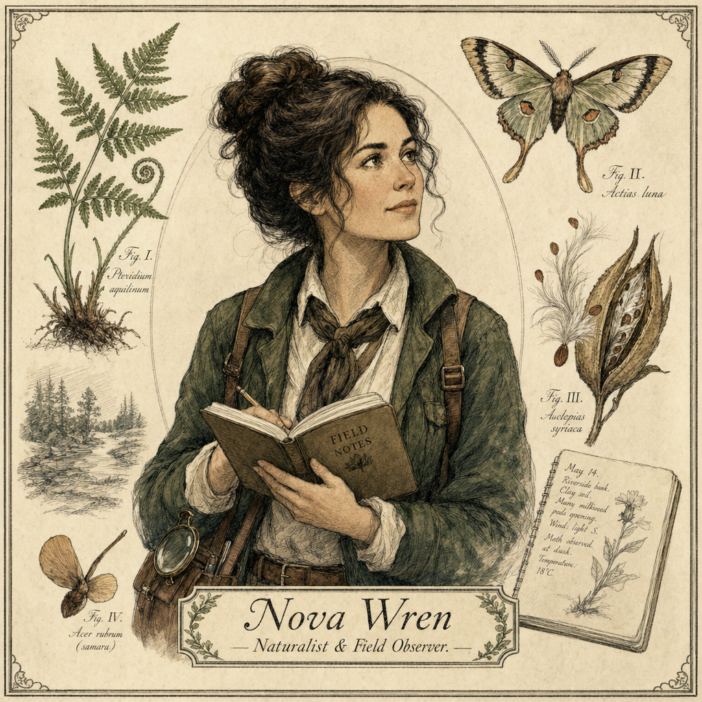 Illustrated portrait of Nova Wren - the naturalist pen name